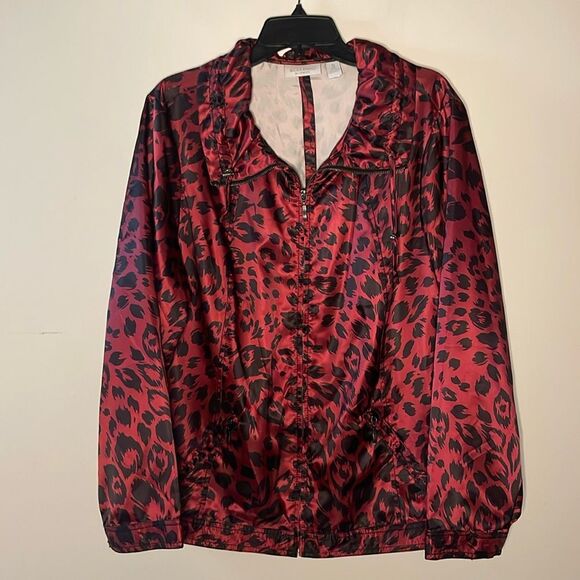 Weekends by Chico's- Red Black Animal Print Zip Windbreaker Jacket Size 3- Large - Picture 1 of 7